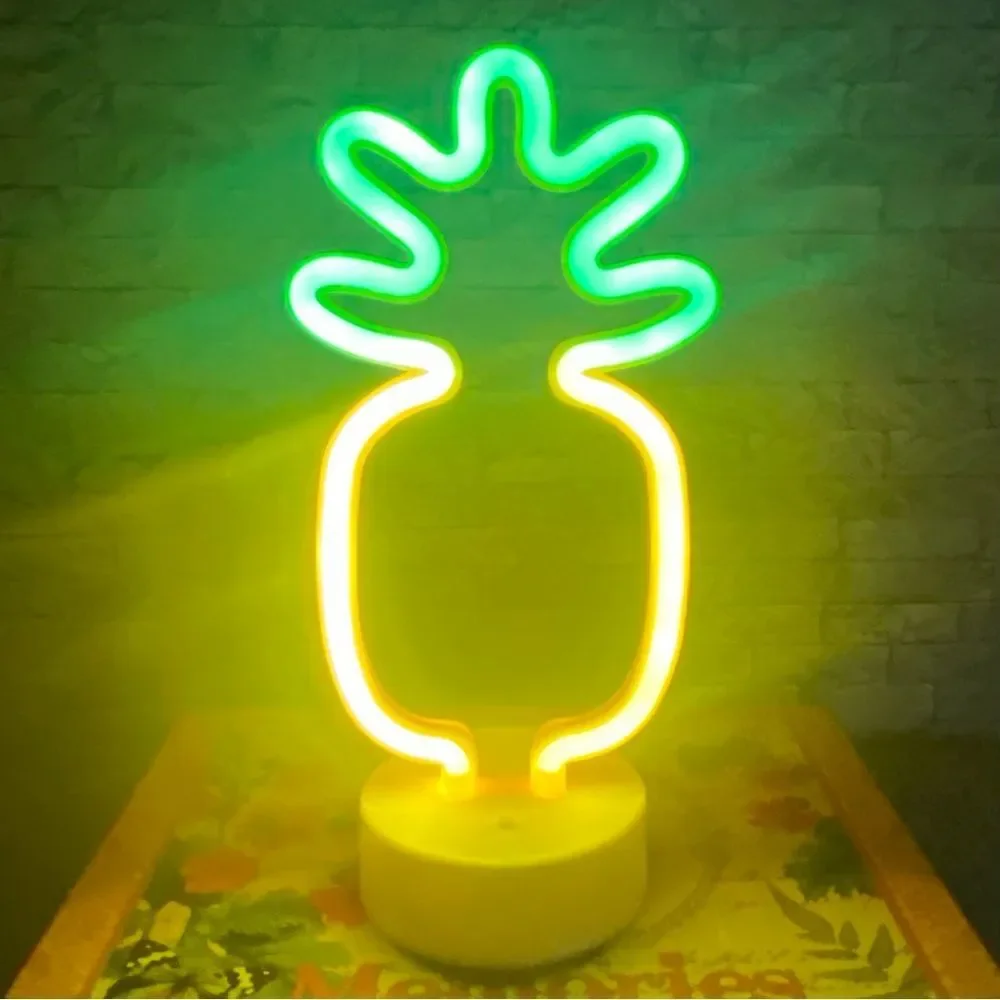 Pineapple Shaped Neon Night Light AA Battery Operated Tropical Room Decor